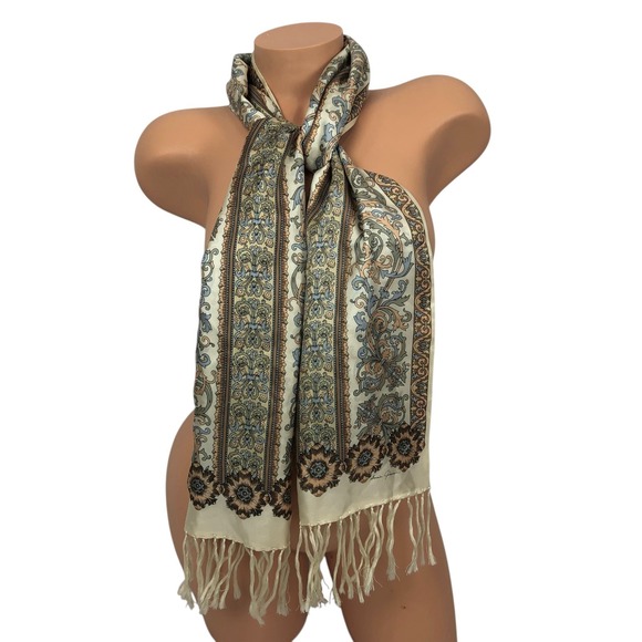 Vintage Ginnie Johansen 100% Silk Scarf Floral Paisley Print Satin Fringe Boho - Picture 2 of 10